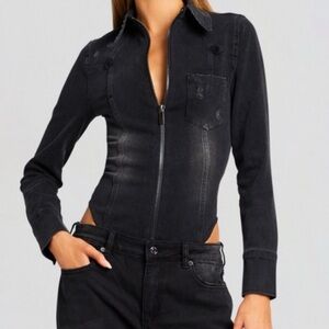 Black Denim Zip-Up Bodysuit